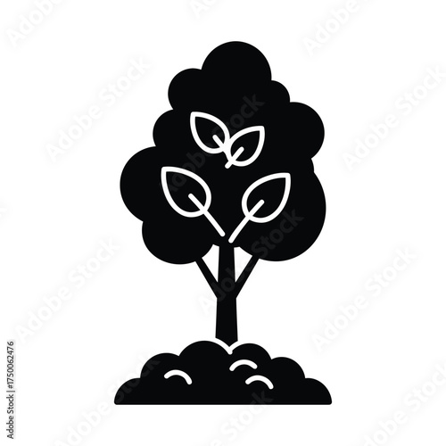 A black silhouette of a tree with leaves growing from a small mound of dirt on a white background simple art