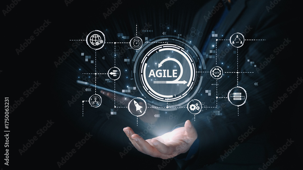 Fototapeta premium Agile project management using teams and agile planning for agile development. Agile enables flexibility, collaboration, and continuous improvement across modern workflows. Elide