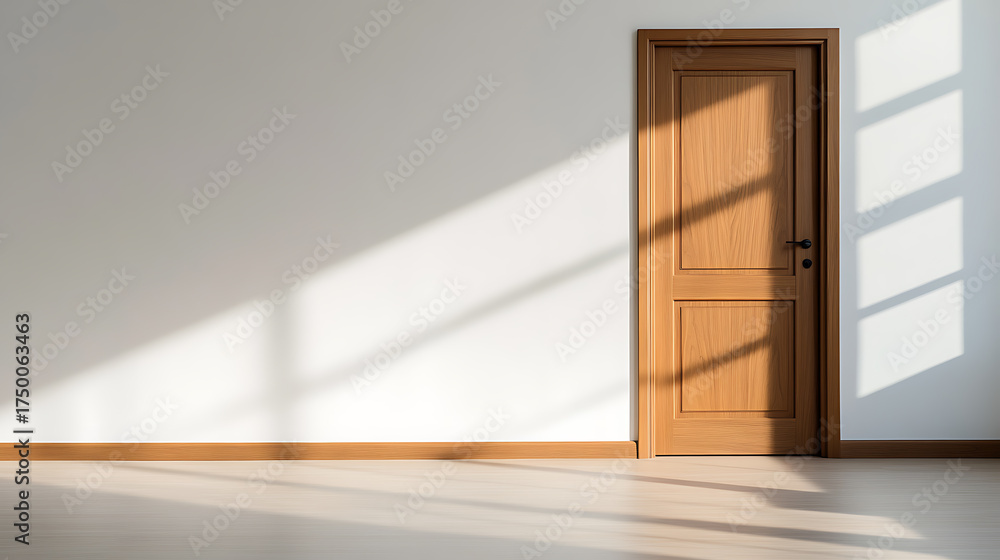 Fototapeta premium A wooden door stands in an interior room with sunlight filtering through a window, casting long shadows across the walls and floor. Modern home design.