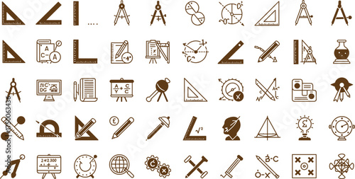 Mathematics, geometry, algebra, education, school tools, math symbols, learning icons, science, ruler, compass, protractor, vector illustration, academic concept.