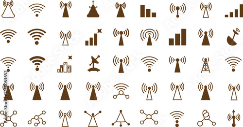 Wireless communication icon set, wifi, signal tower, network connection, data transmission, internet technology, mobile signal, connectivity, and telecom vector design