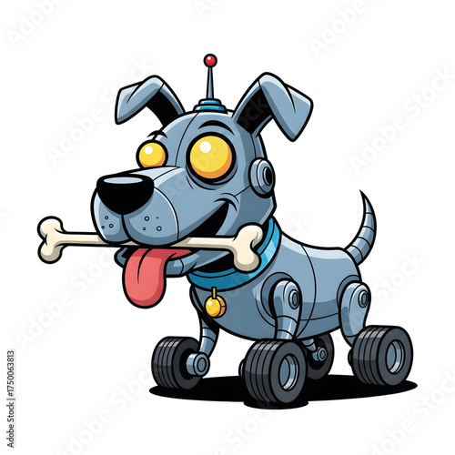 A funny cartoon vector illustration of a robot dog with roller wheels instead of legs