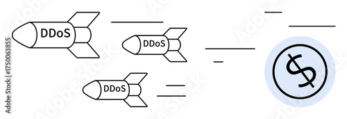 Rockets labeled DDoS flying toward a dollar sign highlight cybersecurity risk, financial loss from attacks. Ideal for cybercrime, security, technology, threat awareness, internet protection, finance