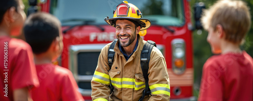 Firefighter interacts with kids near fire truck. Smiling man in uniform teaches children about fire safety. Happy fireman presents his job, answers questions and shares experience with youth.
