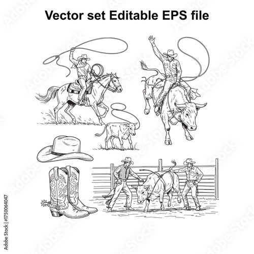 Vector art of vector set of cowboy rodeo elements including cowboys on horseback and bull riding, lasso, cowboy hat, boots, and cattle illustration