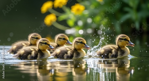 Adorable group of fluffy ducklings swimming together in calm water with yellow flowers in the background