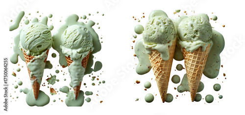 Two pistachio ice cream cones melting, one upright and one upside down, isolated on transparent background, creating a whimsical and delicious scene