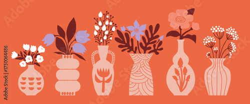 Cute simple decorative vases of flowers set. Ceramic vases, porcelain vases with flowers, pottery, decorated with drawing. Abstract illustrations in warm colors collection. For print, banner, sticker.
