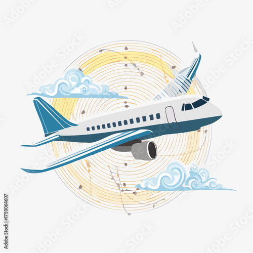 Passenger jet airplane soaring through a sky with stylized clouds and abstract golden flight path patterns, symbolizing global air travel