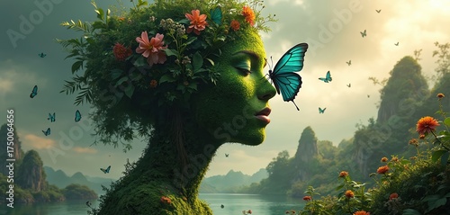Woman with green skin covered in moss, flowers on head. Blue butterfly on face. Landscape with lake, mountains, orange flowers. Peaceful nature scenery with personification of earth. Eco friendly