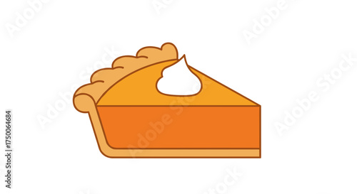 Pumpkin pie slice with whipped cream on white background  
