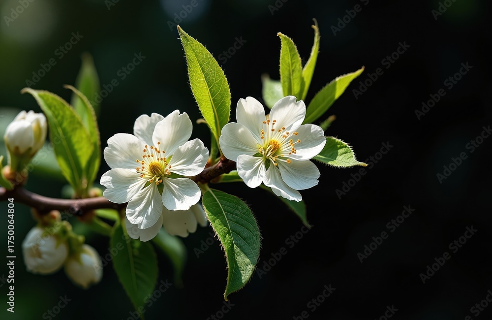 Fototapeta premium White blossoms on tree branch against dark background. Green leaves and buds emerge around delicate petals and yellow stamens. Springtime renewal, floral beauty, natural elements.