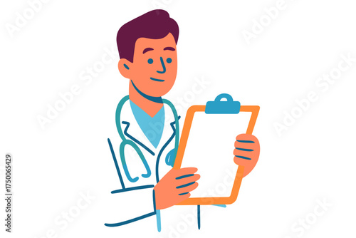 Male doctor with stethoscope holding clipboard and smiling doctor holding clipboard