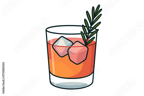 Cocktail with ice cubes and rosemary garnish in glass cocktail with rosemary sprig