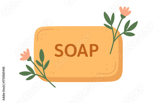 Orange soap bar with flowers and green leaves on transparent background natural soap bar with herbs