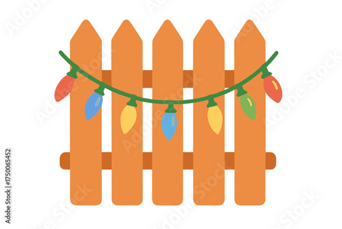 Wooden fence decorated with colorful Christmas lights holiday lights on fence