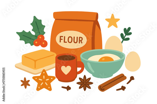 Baking ingredients with flour, eggs, butter, and holiday spices holiday baking ingredients