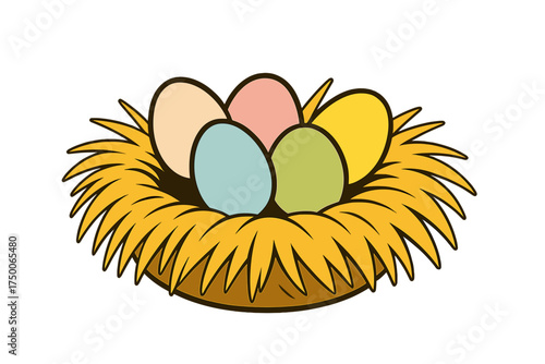 Colorful eggs in a straw nest on a transparent background eggs in straw nest