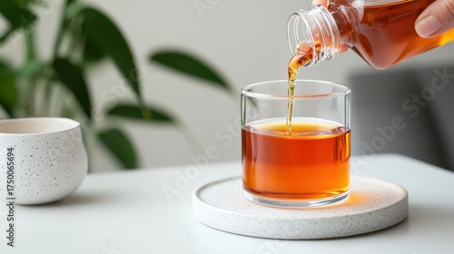 Pouring Tea into Glass: Close-up of Amber Liquid with Plant Decor for Refreshment, Relaxation, and Beverage Concepts on White Table