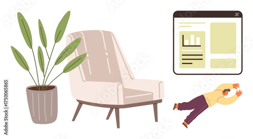 Armchair beside leafy plant, multitasking person falling while managing browser window. Ideal for productivity, work stress, remote work, comfort, self-care, balance focus. Simple flat metaphor