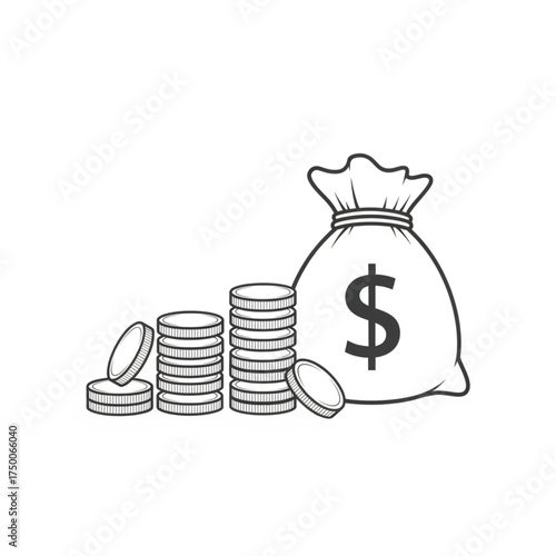 Coins and a Money Bag Dollar Sign Stock Illustration, black and white 
