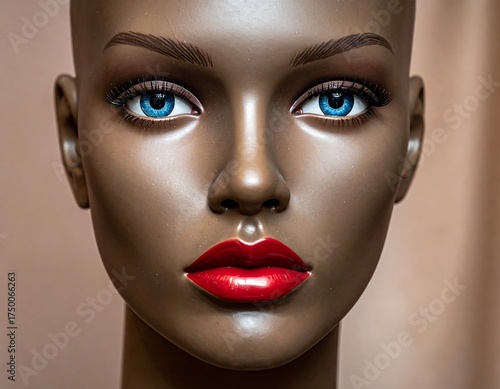 A close-up of a mannequin head with striking blue eyes, full red lips, and smooth brown skin, with a neutral backdrop