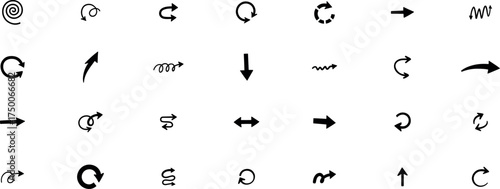 Collection of various hand drawn arrows and symbols isolated on a transparent background, including circular arrows, straight arrows, and wavy lines