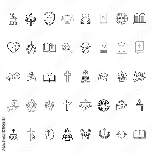 Christian Line Icon Set | Religion, Church, Bible, Cross, Faith, Prayer, Worship, Spiritual Vector Icons