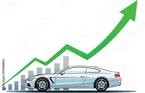 Illustration of a white car with an upward trending green arrow and bar graph isolated on white background
