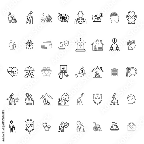 Elderly Icons Set | Senior, Aging, Old People, Care, Retirement, Health, Support, Family Vector Icons
