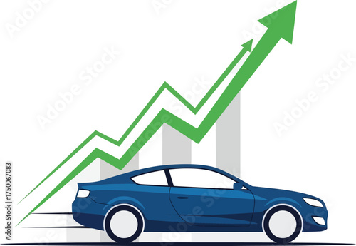 Illustration of a blue car with an upward trending green arrow and bar graph isolated on white background