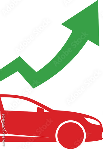 Illustration of a red car with a rising green arrow, isolated on white background, showing growth