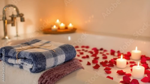 Romantic Bath with Candles and Rose Petals for Relaxation.