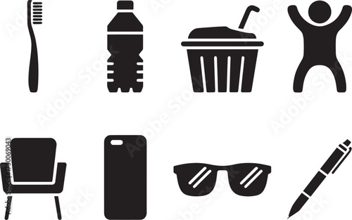 Collection of everyday objects and icons representing modern life activities and belongings
