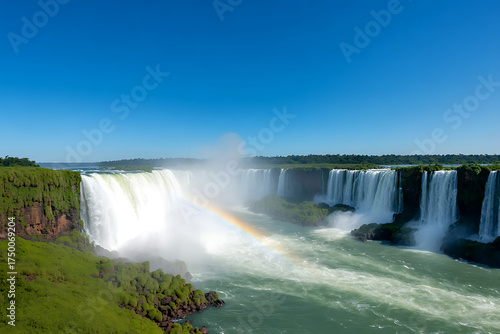 Majestic waterfalls cascade under a clear blue sky, creating a vibrant rainbow amidst lush greenery. The scene is tranquil and powerful.