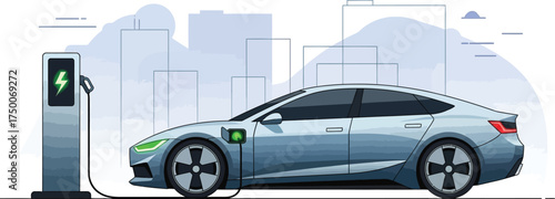 Electric car charging at station with city background, showcasing ecofriendly transportation and sustainable energy