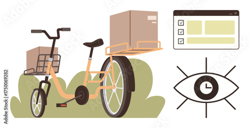 Cargo bike carrying packages, checklist interface, and eye with clock symbol. Ideal for logistics, time management, eco-friendliness, delivery services, productivity, task tracking urban mobility