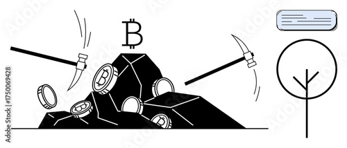 Mining picks extracting bitcoins from rocks, representing cryptocurrency mining. Ideal for blockchain, finance, technology, innovation, digital currency, investment economy. A simple flat metaphor