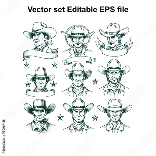 Vector art of vector set of cowboy portraits in sketch style, , featuring various hats and expressions, perfect for western themes and graphic design elements