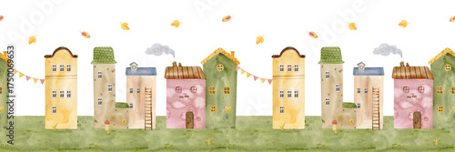Cute watercolor border pattern with cozy houses, autumn trees, and falling leaves. Whimsical kids illustration banner perfect for cards, nursery prints, wrapping paper, and seasonal decor.
