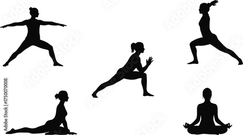 Yoga poses silhouette, meditation posture, warrior pose, lunge exercise, pigeon stretch, fitness flexibility, mindfulness practice, healthy lifestyle, spiritual balance, relaxation