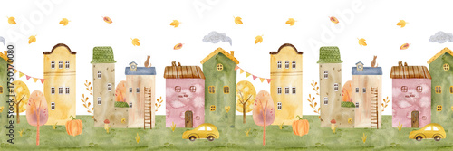 Cute watercolor border pattern with cozy houses, autumn trees, and falling leaves. Whimsical kids illustration banner perfect for cards, nursery prints, wrapping paper, and seasonal decor.