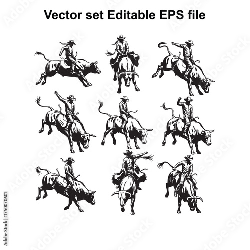 Vector art of a dynamic set of nine black and white illustrations depicting cowboys riding bulls in a rodeo, capturing the action and intensity of each moment, isolated on a for versatile use
