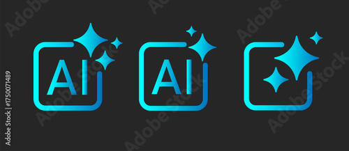 A set of three blue Generative AI icons with a star and a square frame on a dark background. The concept of machine learning. Vector EPS 10.
