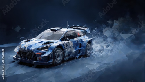 A blue-patterned rally car amid shards, set against a dark background, with modern appeal