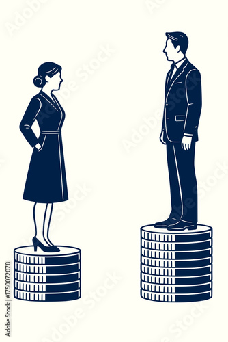 illustration showing the gender pay gap where a woman stands on fewer coins than a man symbolizing women earn less than men in the workplace