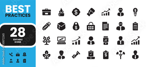 Best practice icons pack in solid color. Best Practices fill color Editable Icons set. Vector illustration in modern filled style of business related icons: policy, workflow, and more.