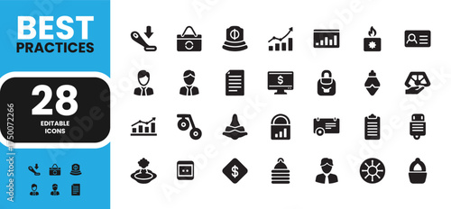 Best practice icons pack in solid color. Best Practices fill color Editable Icons set. Vector illustration in modern filled style of business related icons: policy, workflow, and more.