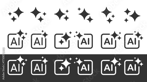 A set of artificial intelligence icons in black and white. Icons with artificial intelligence in a linear style on a black and white background. Vector illustration