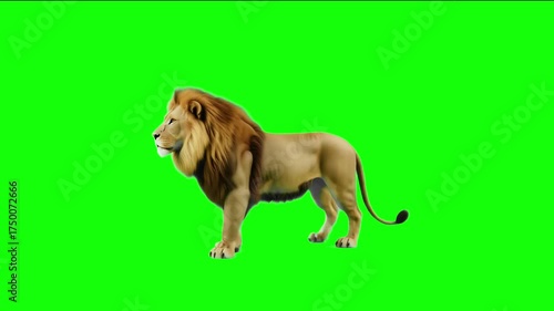 3D Realistic Giant Dangerous Lion Slowly Walking Realistic Motion Loop with Side View on Green Screen, Isolated Rendering, 4K High-Resolution Animation of an African Lion Walking on Chroma Key.